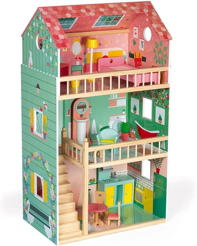 Janod - Maison de poupée en bois Mademoiselle 3 étages et 11 accessoires Réplique jouet Développe l'imagination à partir de 3 ans J06581 Rose Naty Shop Dollhouses A Happy Day