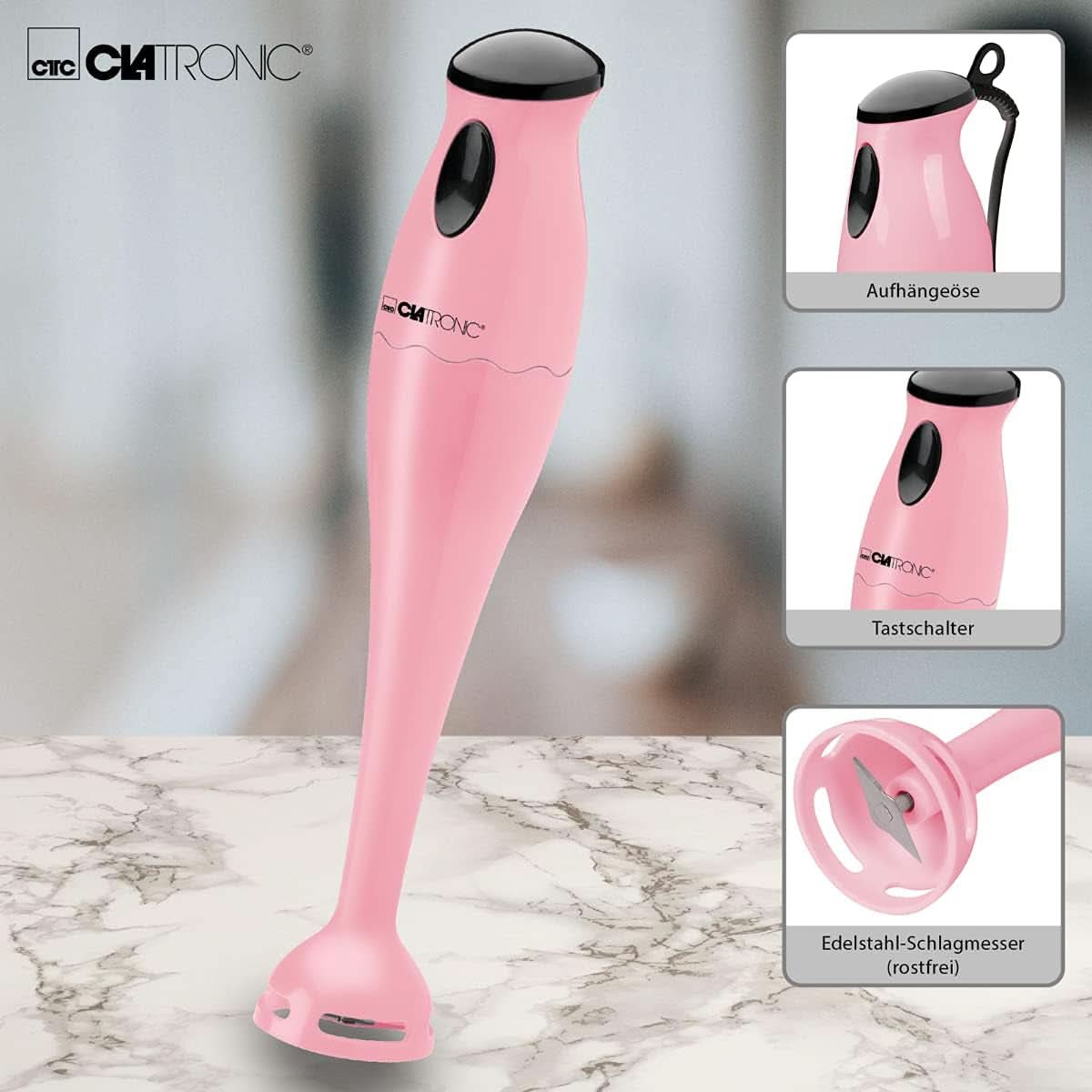 Clatronic Stabmixer/Pürierstab/Blender/Stab-Mixer/Stick/Mixstab SM 3577 ; Edelstahl-Schlagmesser; Pour Smoothie, Kürbispüree, Babybrei, Milchshake ; Avec Mixbehälter (500 ml); 180 watts ; Cuisine Rose Naty Shop