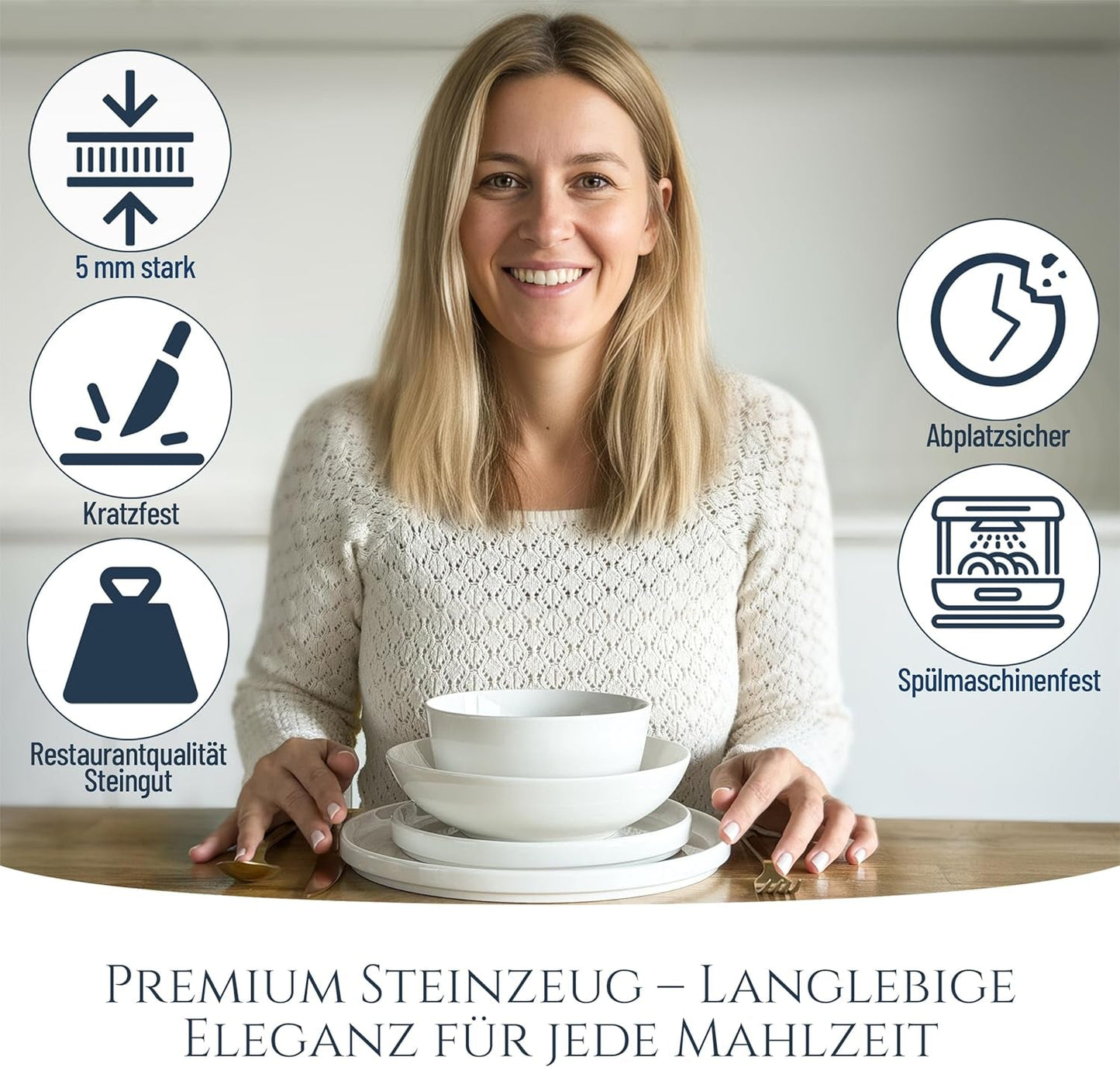 Service de table en porcelaine Crystal 48 pièces, gagnant du test, service de table en porcelaine transparente, bols et assiettes, service de table pour 12 services de table Pure Living en blanc