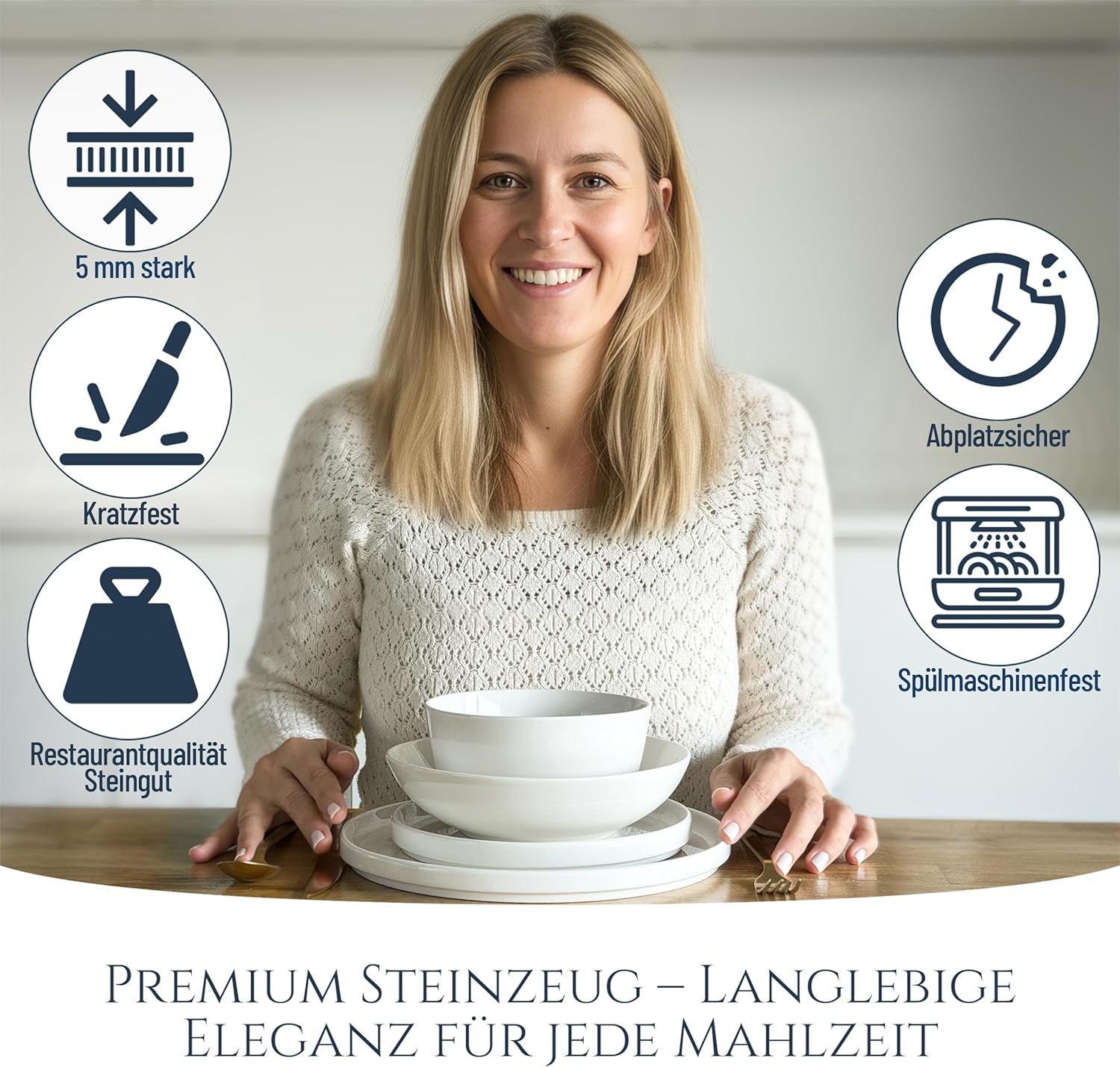 Service de table en porcelaine Crystal 48 pièces, gagnant du test, service de table en porcelaine transparente, bols et assiettes, service de table pour 12 services de table Pure Living en blanc