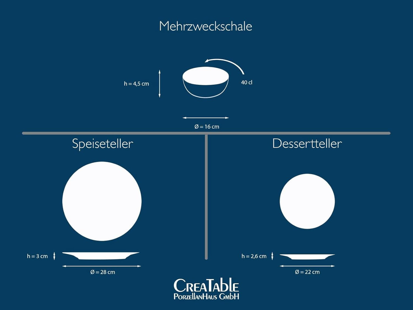 CreaTable, 23714, série Uno Athena, service de table 12 pièces pour 4 personnes, service d'assiettes en porcelaine, passe au lave-vaisselle et au micro-ondes, fabriqué au Portugal