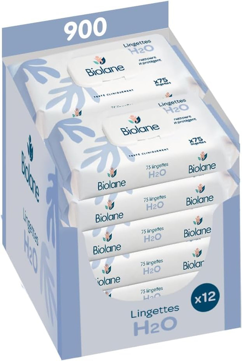 BIOLANE - Lingettes humides bébé à l'eau - 225 lingettes - 3 x 75 pièces - Nettoyage doux et efficace - Dès la naissance - Qualité française