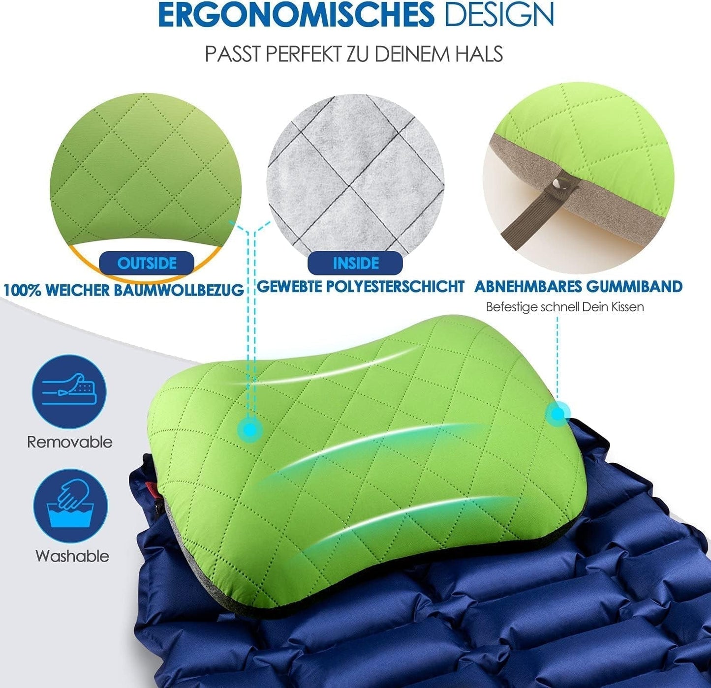 Oreiller gonflable de camping/voyage HIKENTURE avec housse d'oreiller amovible, oreiller ergonomique, oreiller cervical confortable pour voyage/extérieur, oreiller cervical de voyage gonflable (vert)... Oreillers orthopédiques cervicaux Naty Shop