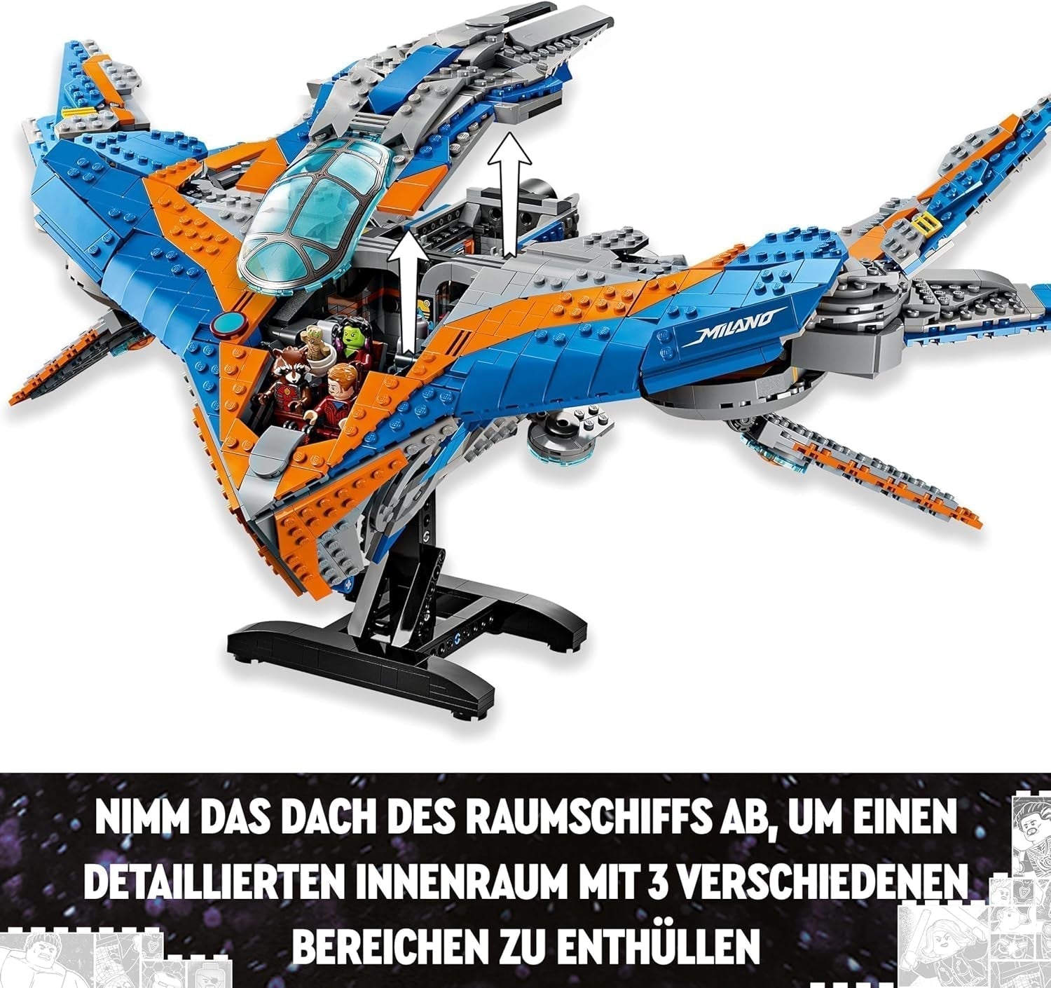 LEGO Marvel Les Gardiens de la Galaxie : le modèle de vaisseau spatial de construction Milano avec 4 figurines de super-héros Avengers Flyer pour les aventures spatiales Cadeau pour garçons et filles 76286 Jeux de construction Beuche den LEGO-Store