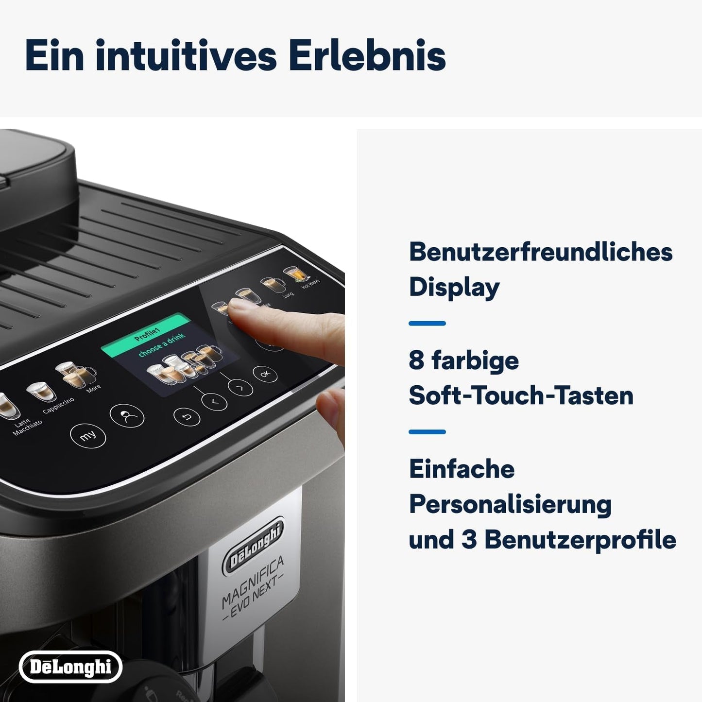 De'Longhi Magnifica Evo Next - Expresso entièrement automatique Perfetto avec mousseur à lait LatteCrema, 13 boissons à une touche, cafetière et cappuccino, écran tactile couleur, titane (ECAM312.80.TB)