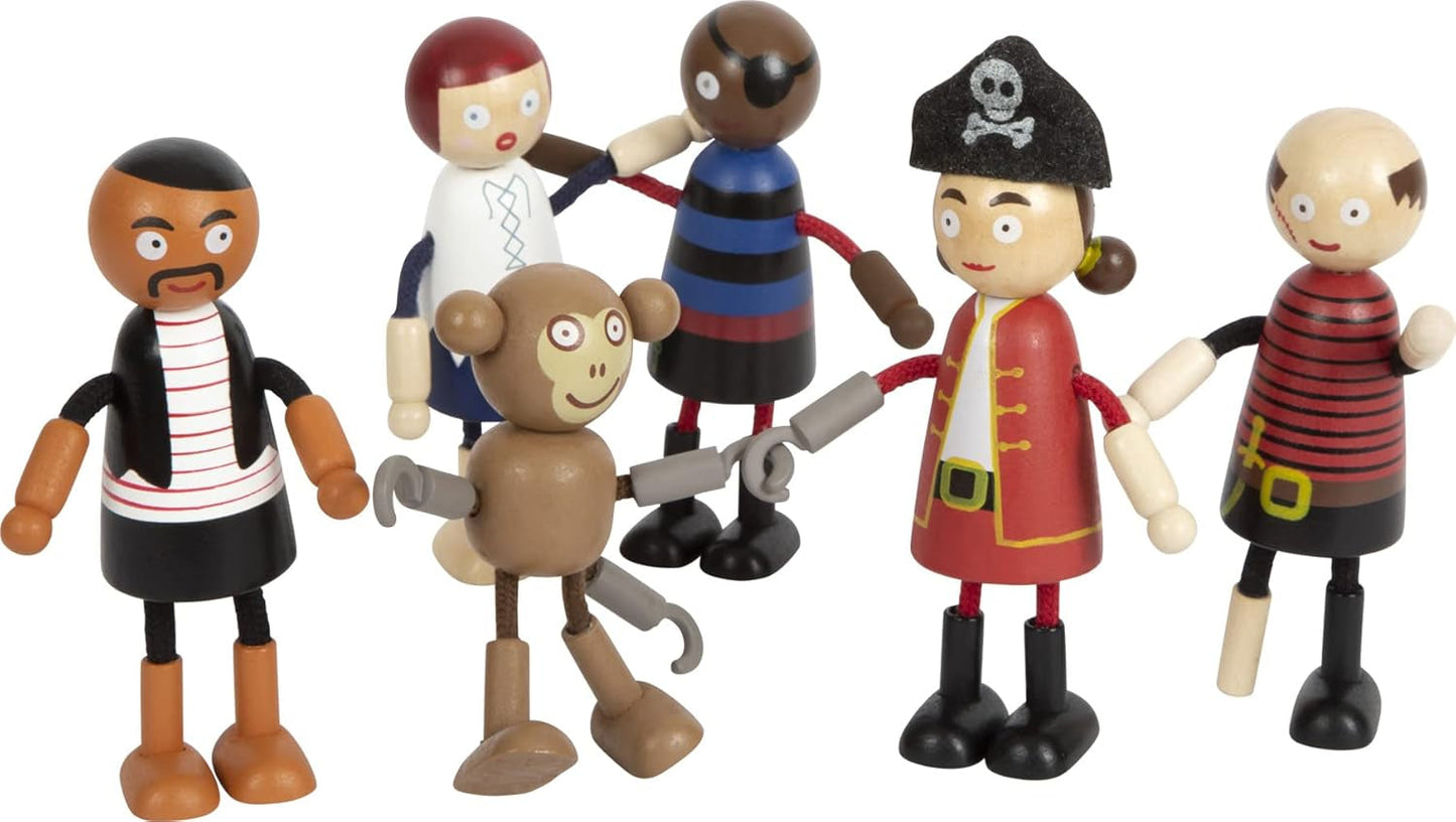 Poupées pirates en bois flexibles Small Foot, 5 pirates et 1 singe, détaillées et flexibles, à partir de 3 ans, 12412
