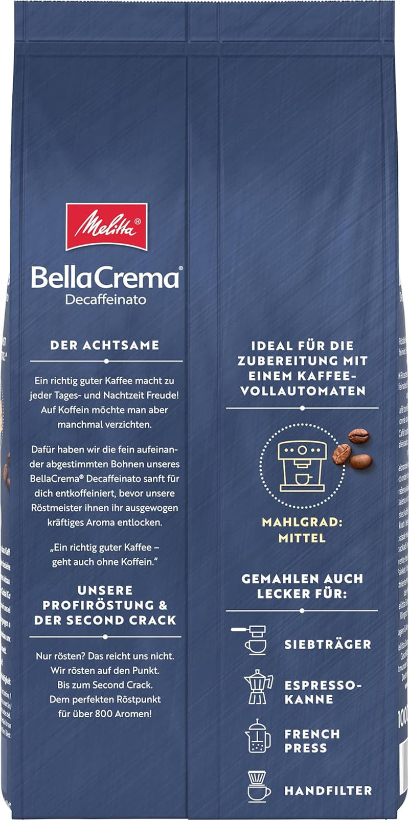 Café en grains Melitta BellaCrema La Crema 1kg et café en grains décaféiné BellaCrema Decaffeinato 1kg