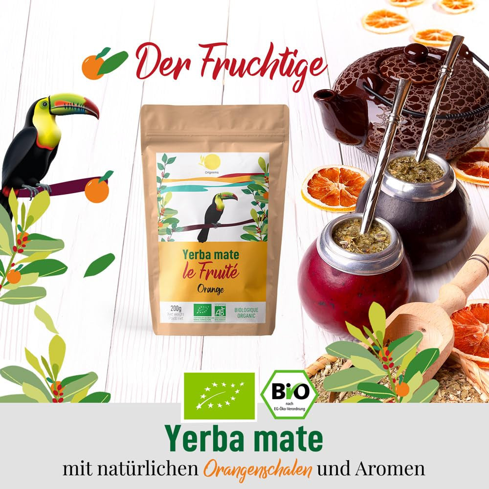 ORIGEENS BIO YERBA MATE aux oranges 200 G - Thé fruité I Thé Yerba Mate bio non torréfié, sans tiges ni poussière I Boisson énergisante et détoxifiante
