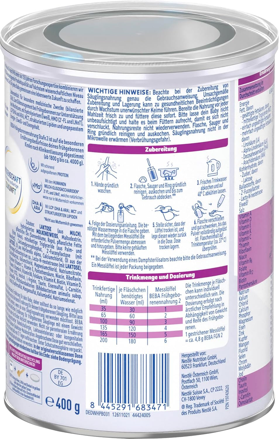 BEBA Préparation pour nourrissons prématurés Stade 2 - Nourrissons prématurés après la sortie de l'hôpital Aliments pour bébés Lait en poudre pour bébé Paquet de 3 (1 x 400 g)