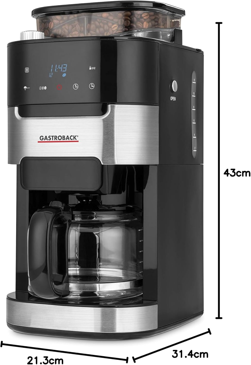 GASTROBACK 42711 Grind & Brew Pro Machine à café expresso, machine à café expresso avec filtre et broyeur intégrés, broyeur conique avec 8 réglages de mouture, écran tactile LCD, plastique