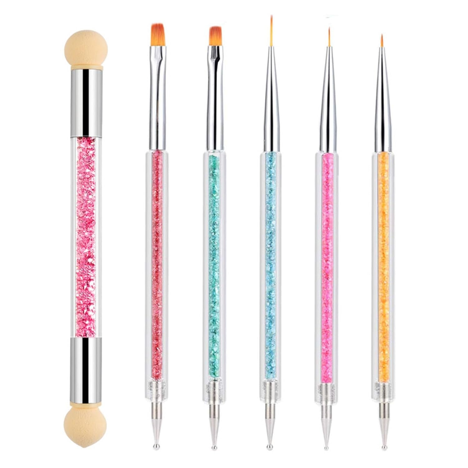 6 pcs Nagel Pinsel Set, Double Fin Nageldesign Pinsel, Acrylique Nail Art Pinsel Set Nail Art Liner Pinsel Dotting Tool pour DIY Nail Art Design (Mit 1 Schwammbürste)