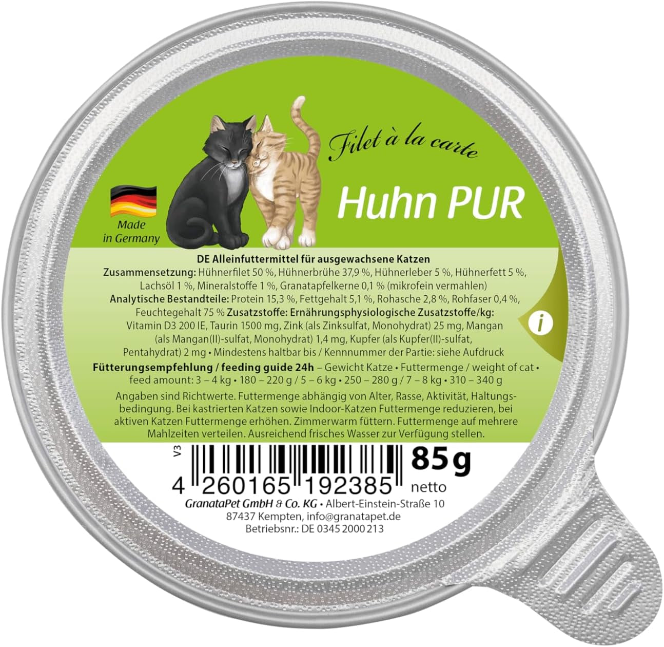 GranataPet Filet à la carte Poulet PURE, nourriture humide pour chat, morceaux de filet sans céréales, nourriture pour chat sans sucre ajouté, haute teneur en viande, 6 x 85 g