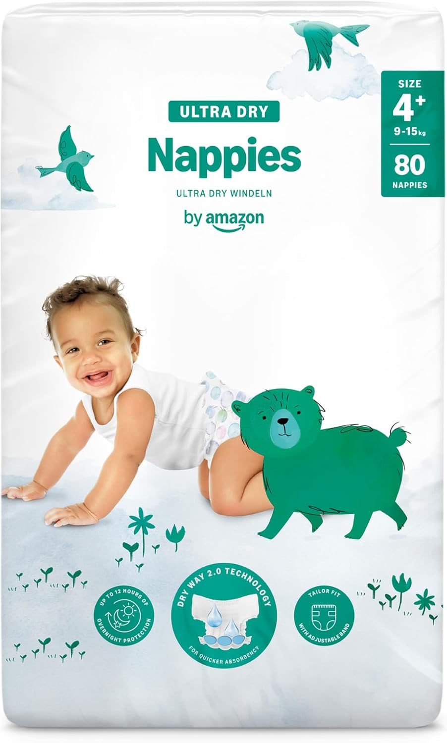 Couches Amazon Ultra Dry, taille 3 (4-9 kg) – Boîte mensuelle, blanche, 172 unités (2 paquets de 86) (anciennement Mama Bear, produit identique)