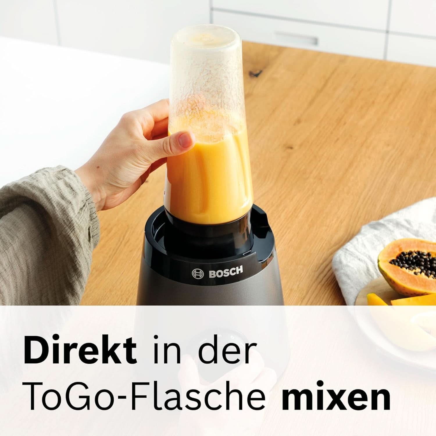 Bosch Batteur sur socle Vitapower Serie 4 MMB6177S, Edelstahl-Klingen Fabriqué en Allemagne, 1,5 L Thermosafe Glasbehälter, 0,6 L To-Go-Flasche, Stopfer, Universalzerkleinerer, 30 000 U/Min, 1200 W, Silver Kitchen Naty Shop