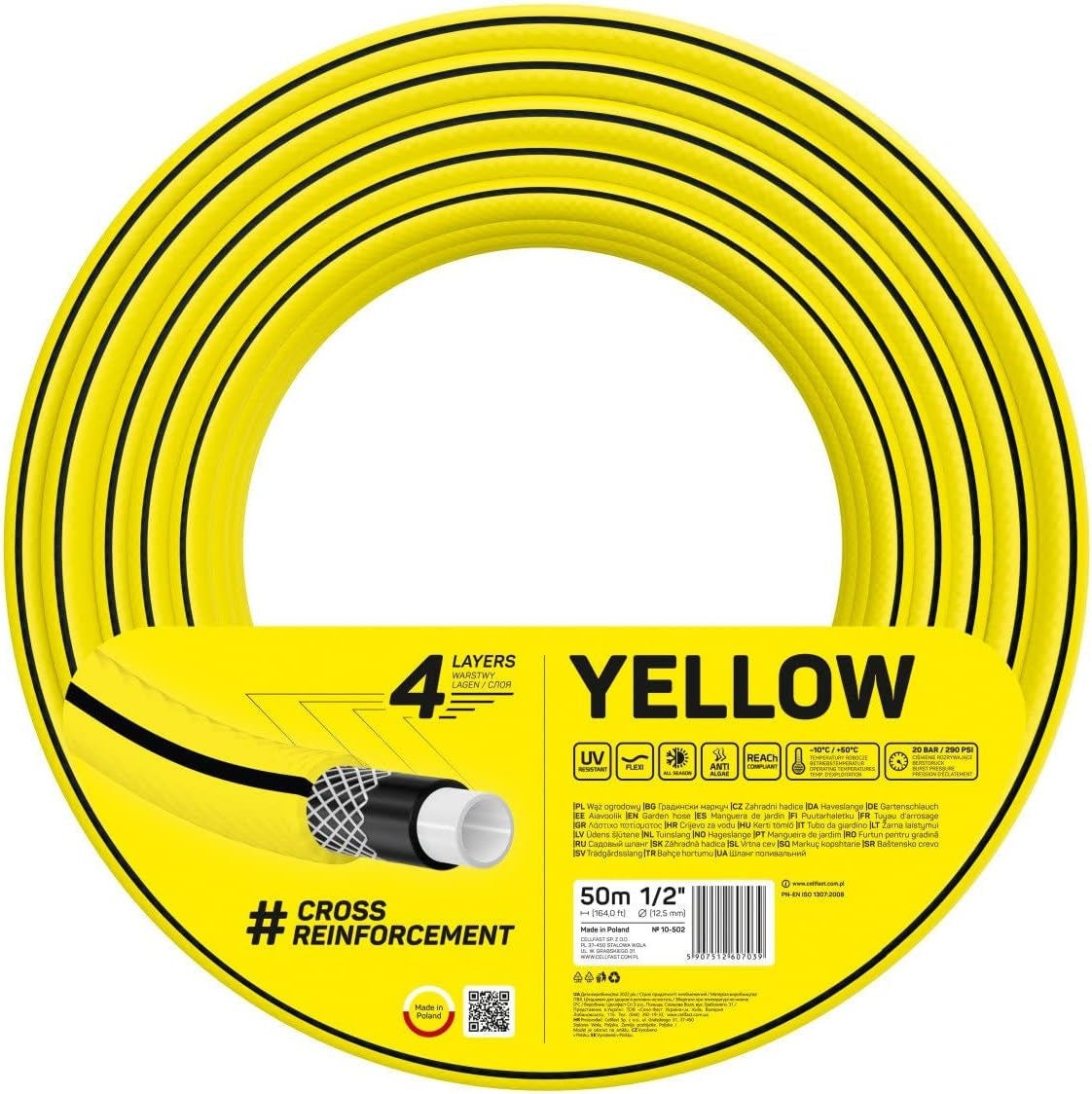 Tuyau d'arrosage Cellfast JAUNE, léger, résistant, 4 brins, tresse croisée durable, résistant aux UV et aux algues, résistant à la torsion, technologie REACH, 20 bar, -10/+50°C, fermeture: 1/2", 50m