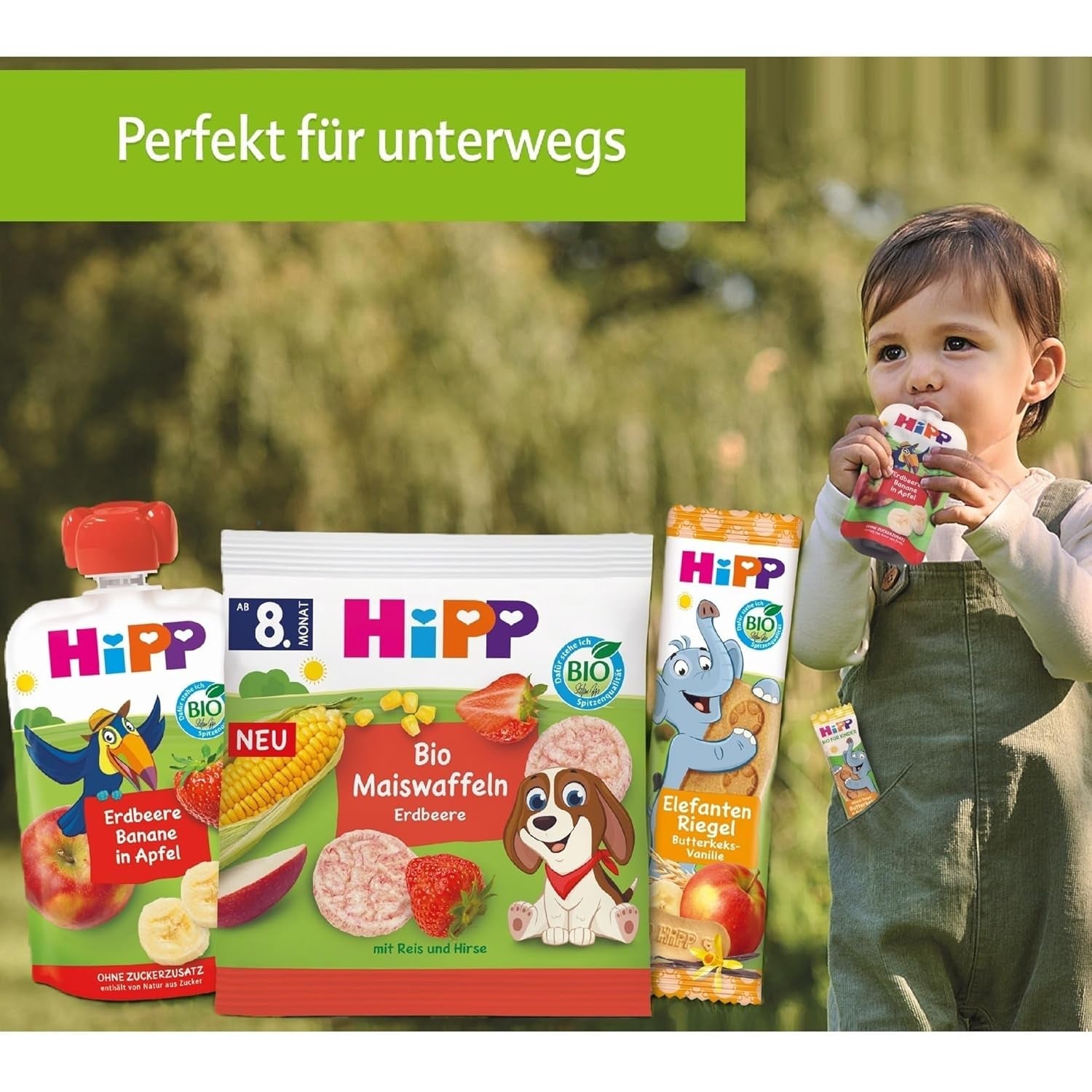 Sachets HiPP Organic Fruit Plus à la grenade et à l'acérola dans un mélange de pomme et de framboise - Ben Beagle (8 x 100g), à partir de 1 an, 100% purée de fruits, sans sucre ajouté, végétalien, meilleure qualité biologique