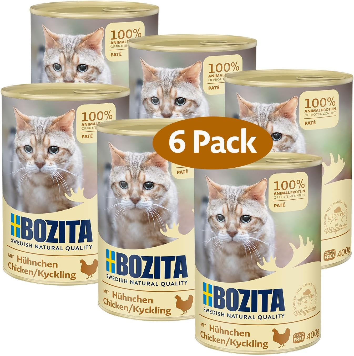 Bozita grain-free chicken pâté - 6 x 400 g wet food for cats and kittens. Aliment complet avec 9,5 % de protéines et 5 % de matières grasses, à base d'ingrédients naturels de haute qualité, sans céréales - provenant de Suède