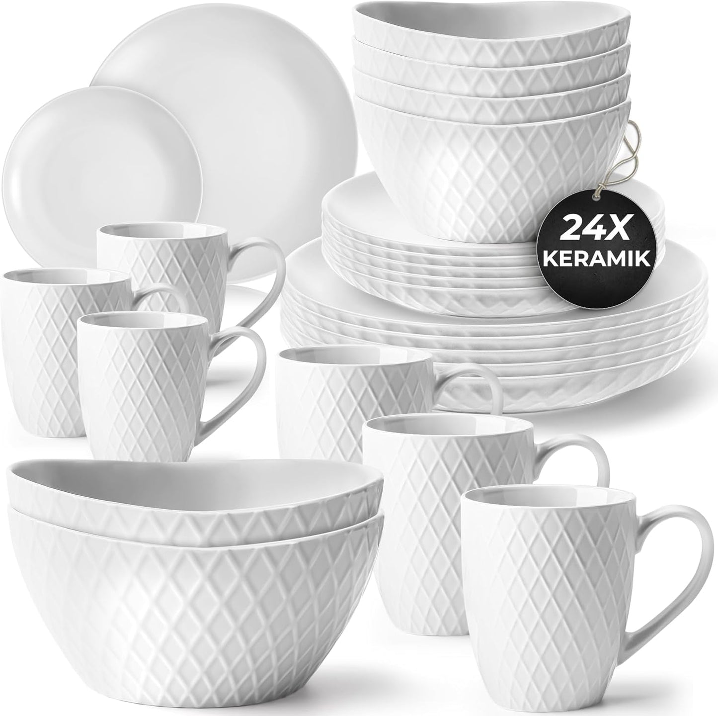 MIAMIO - Service de table en céramique, 24 pièces, service combiné pour 6 personnes - Passe au lave-vaisselle et au micro-ondes - Collection Palmanova (Blanc)