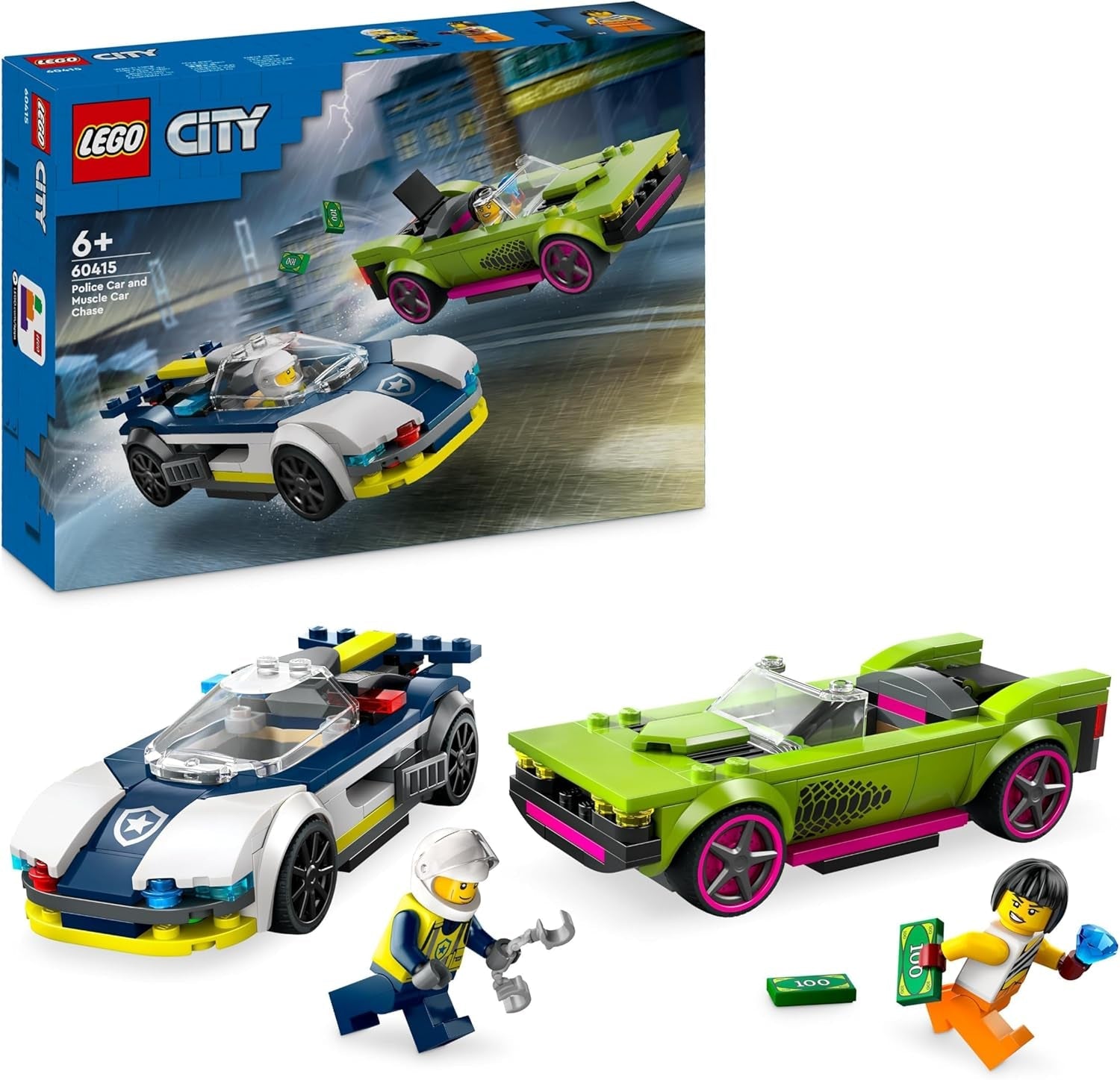 LEGO City Car Chase avec voiture de police et muscle car, jouet de train avec 2 voitures de course, cadeau de police pour enfants, garçons et filles à partir de 6 ans, ensemble policier et figurine Ganovin 60415 Jeux de construction Besuche den LEGO-Store Single