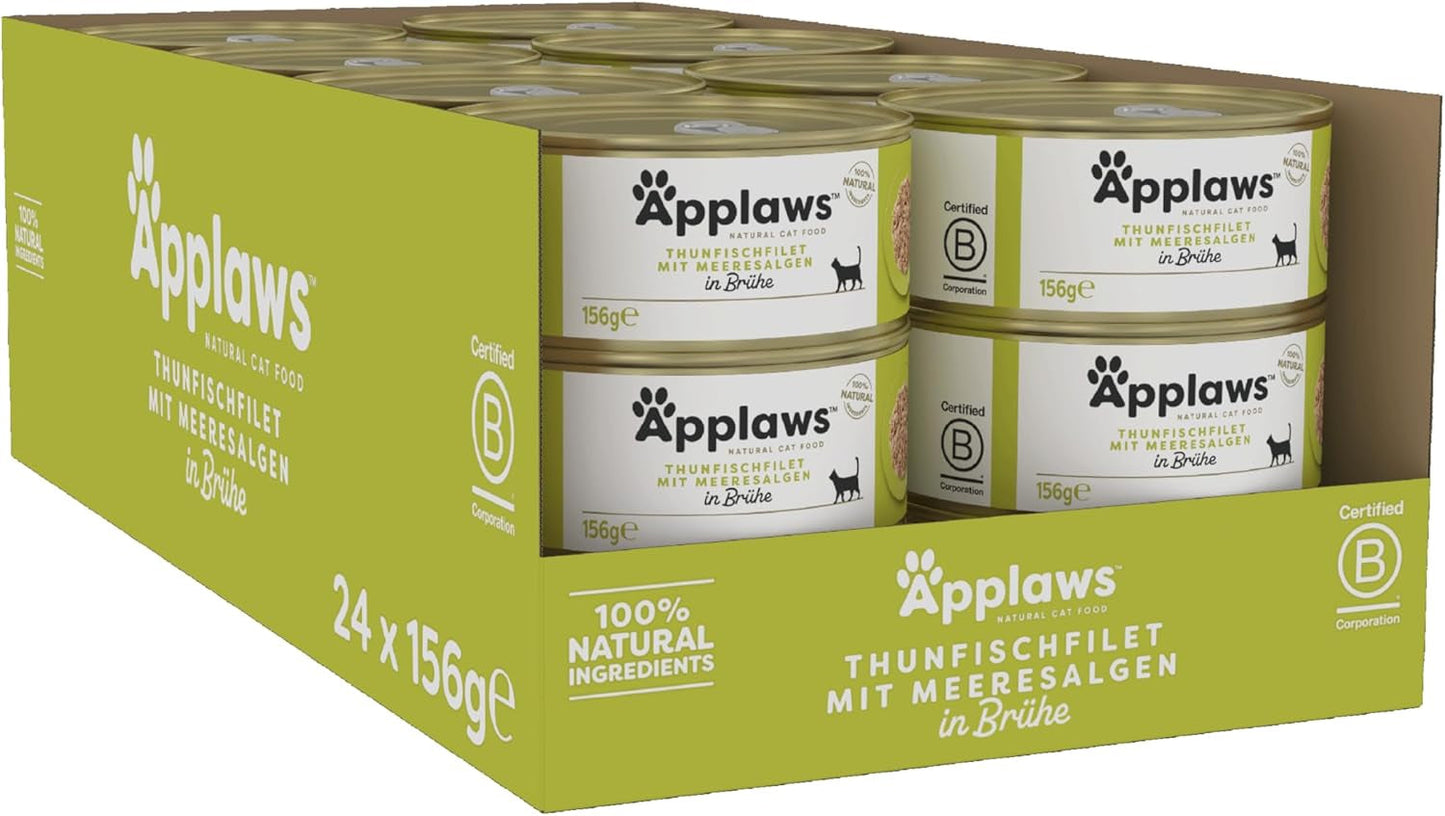 Applaws 100% naturel Premium-Nassfutter for Katzen, Thunfischfilet mit Algen in Brühe - Packung mit 24 x 156g Dosen