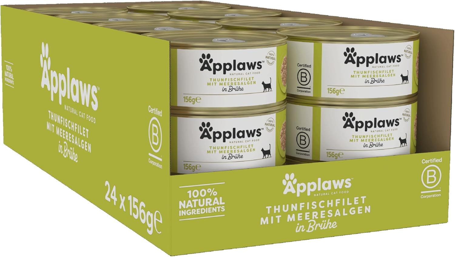Applaws 100% naturel Premium-Nassfutter for Katzen, Thunfischfilet mit Algen in Brühe - Packung mit 24 x 156g Dosen