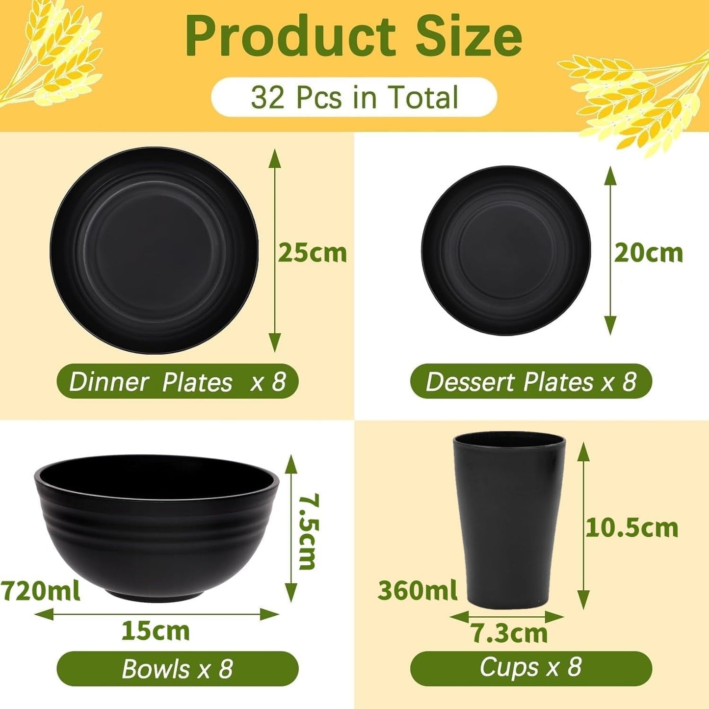 Vaisselle de camping Ensemble de vaisselle en plastique réutilisable léger de 32 pièces pour 8 personnes comprenant des bols, des assiettes, des tasses, une vaisselle de pique-nique incassable en plastique écologique