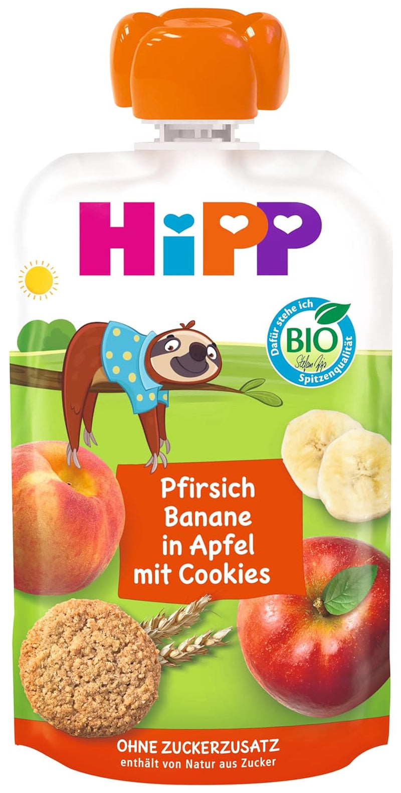 Sachets compressibles HiPP aux pêches et bananes bio en sachets de pommes et biscuits - Félix le paresseux (8 x 100g), à partir de 1 an, fruits aux céréales, sans sucre ajouté, meilleure qualité bio