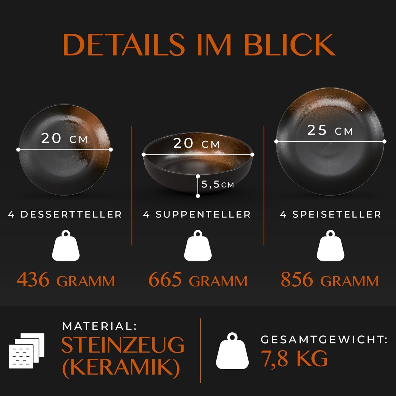 Service de table 12 pièces en grès – Ligne Prairie – Design élégant dans des tons marron/noir, lot de 4 assiettes plates, 4 assiettes à dessert et 4 assiettes plates/Collection Premium