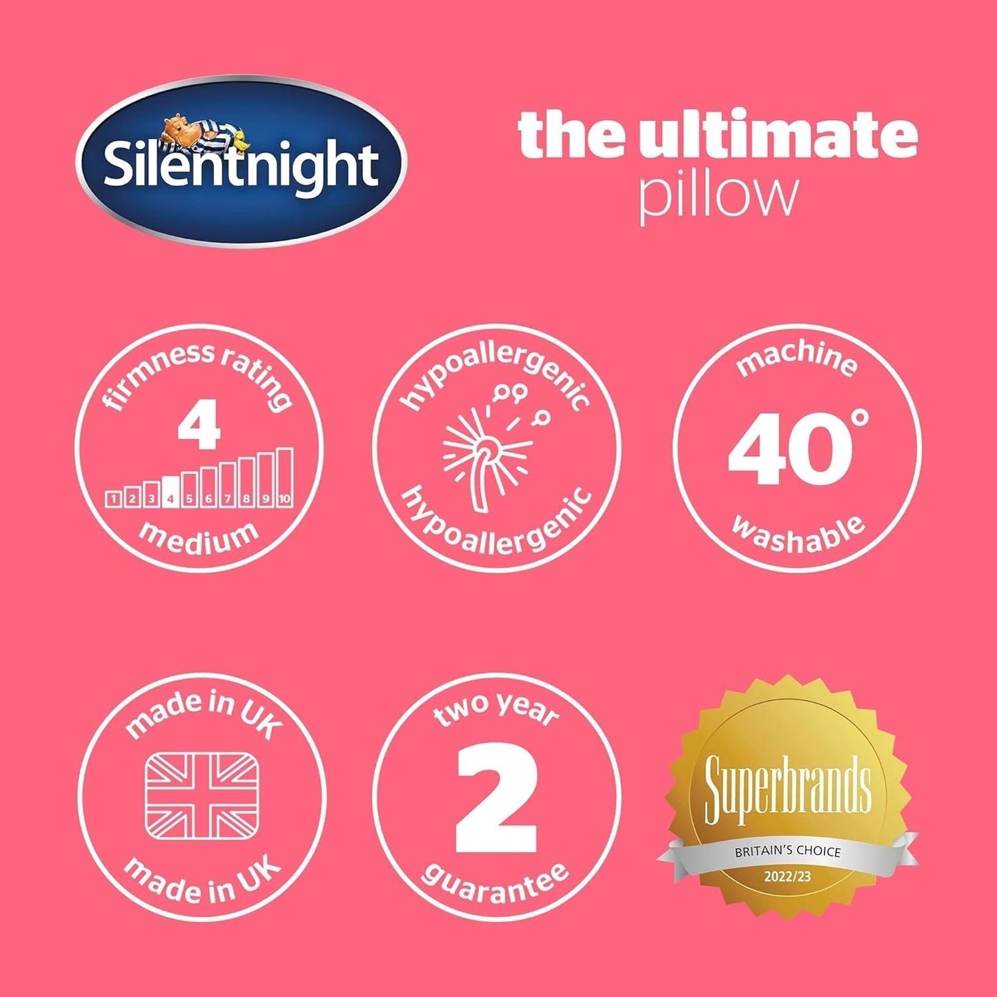 Oreiller Silentnight Ultimate – Oreiller de lit doux et de soutien avec housse matelassée de luxe Pinsonic Soft Touch, lavable en machine et hypoallergénique pour dormeurs sur le dos et sur le côté, 1 oreiller standard Naty Shop