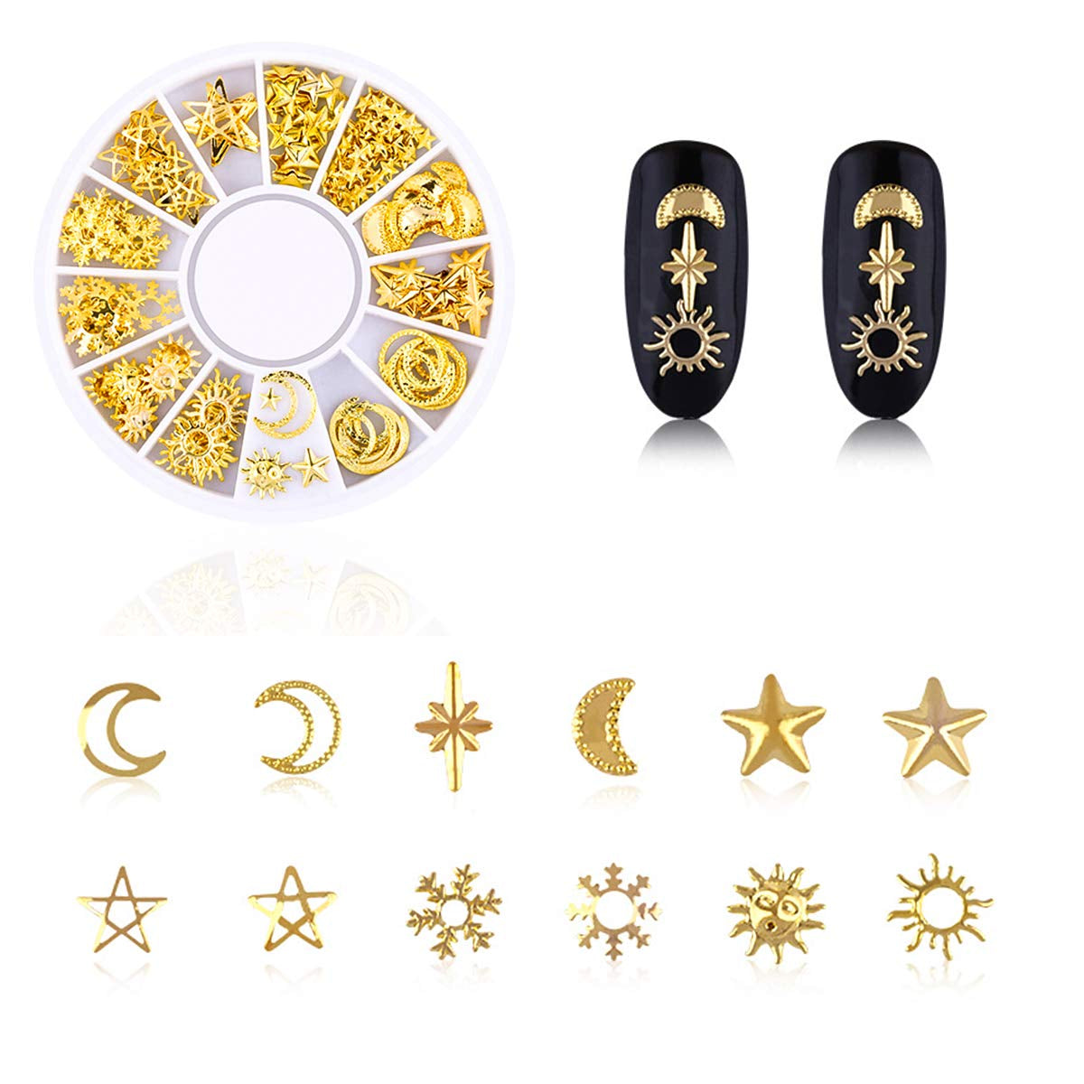 4 boîtes Nagel Art Strass, 3D Nagel Art Décorations, Mix Größe Nagel Perlen Glitter Strass Gold Metall Hohlniet Nagelkunst Stern Mond Sonne Nagel Zubehör Für DIY Nageldesign