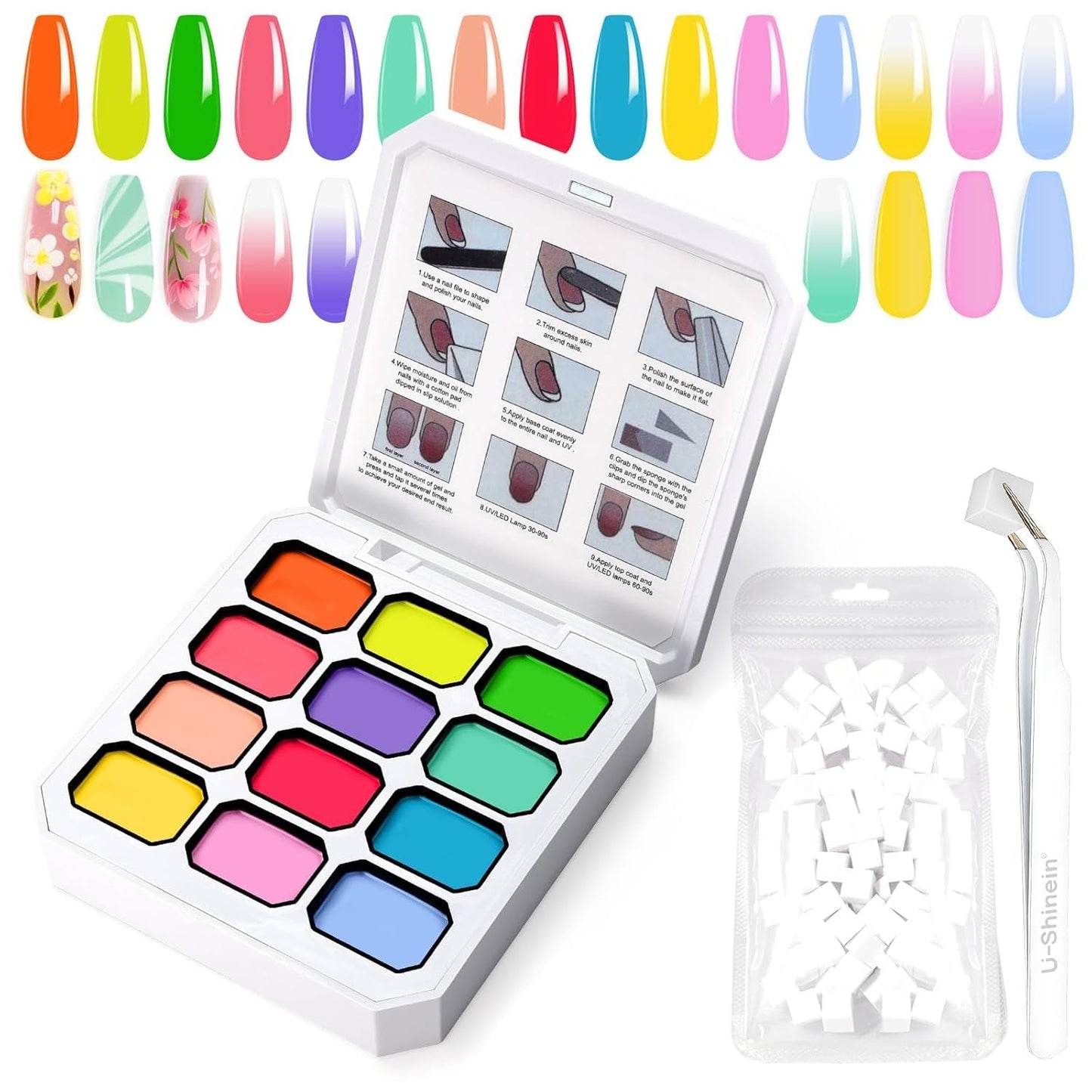 Gel de peinture dégradé, 12 couleurs de vernis à ongles gel ombré avec 100 éponges à ongles et 4 griffes en métal pour manucure française DIY Nail Art, Set I