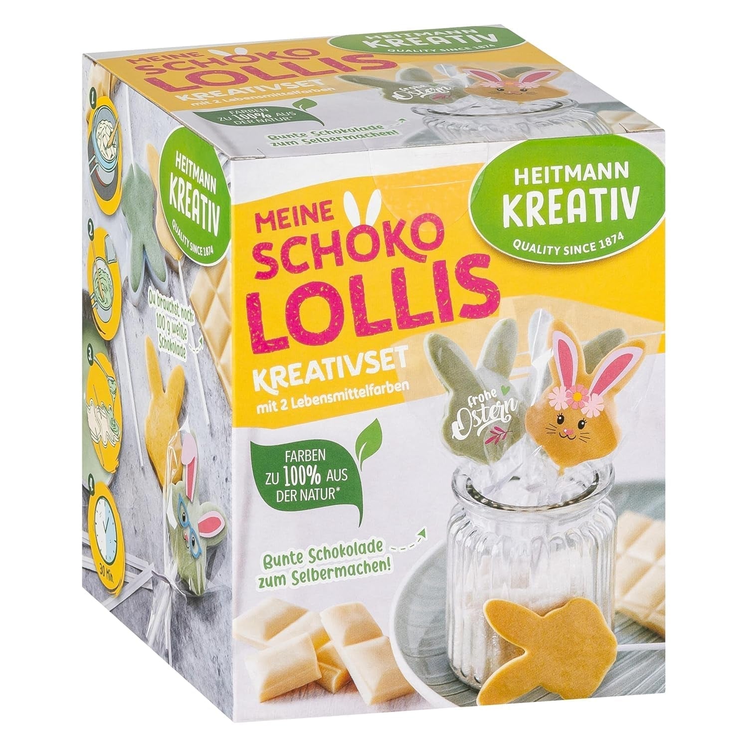 HEITMANN KREATIV - Sucettes au chocolat - Avec colorants en poudre à base de plantes - Jaune et vert - Kit DIY - Pâques