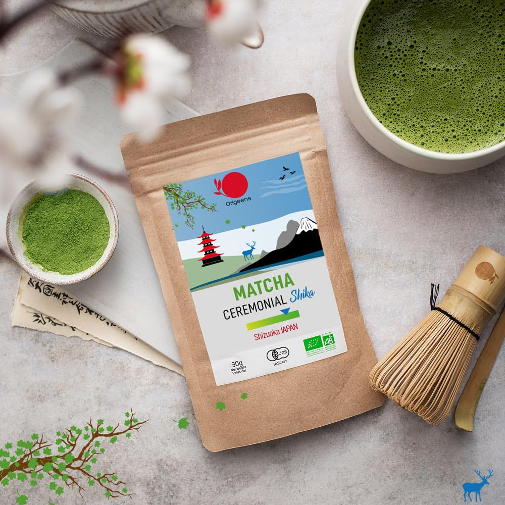 ORIGEENS BIO MATCHA CEREMONIAL GRADE "SHIKA" - Thé japonais biologique de Shizuoka - Matcha Latte/Usucha - Sachet de recharge 30g - Poudre de thé vert Matcha biologique de qualité cérémonielle