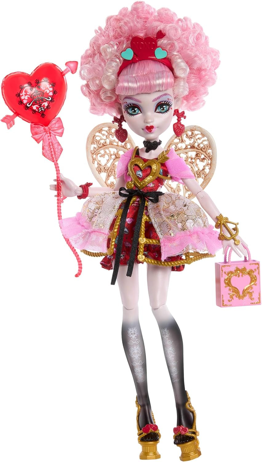 Poupée Monster High Scary Sweet Birthday Cupidon Asteria en robe de soirée rose et rouge avec accessoires à thème comme une invitation, un ballon, un cadeau et plus encore, JBG77