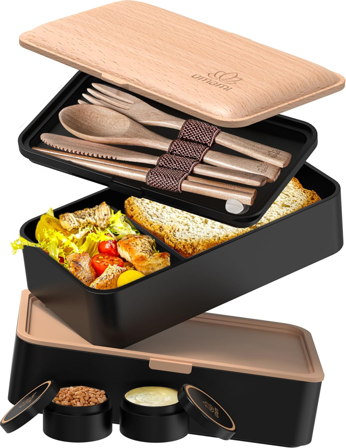 Umami Boîte à Lunch pour Adultes, Boîte à Bento Empilable avec 4 Couverts et Compartiments, Boîte à Lunch Adulte, Récipient à Salade à Emporter, Boîte à Lunch Pique-Nique/Bureau, Gris Charbon, 1500 ML Boîtes de Conservation des Aliments Naty Shop Hêtre Noir L - 1200 Ml
