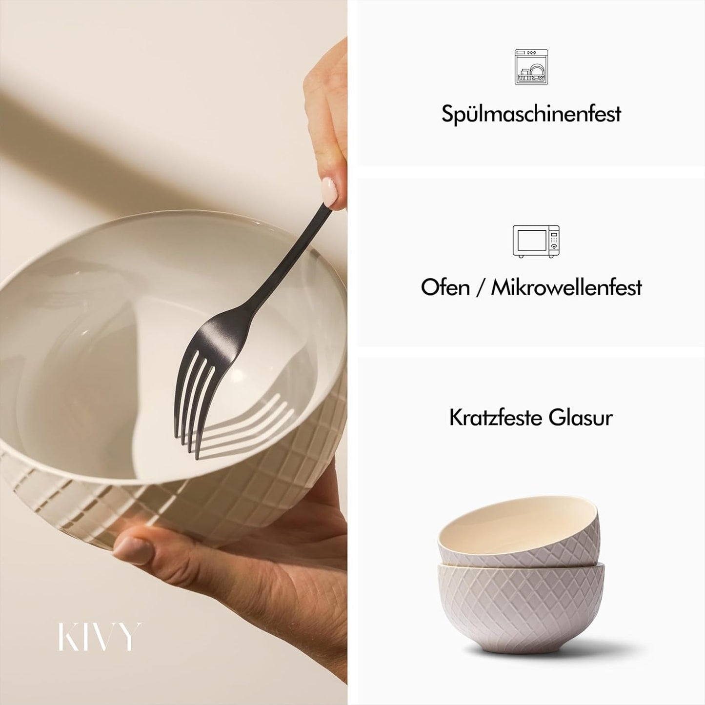 KIVY Ensemble de bols à céréales - 6 x 850 ml - Grands bols à soupe et à porridge - Bol à soupe - Bol - Bols à céréales - Bols à soupe - Ensemble de bols - Bol à céréales en céramique (Blanc crème, Bols)
