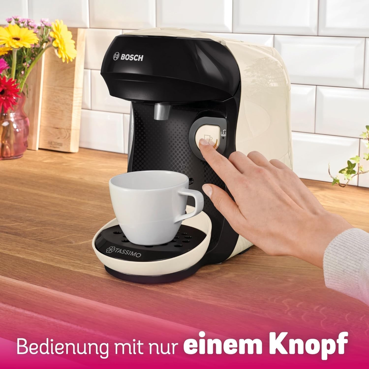 Bosch Tassimo Happy Friendly TAS107E Machine à expresso à capsules, plus de 70 boissons, convient à toutes les tasses, arrêt automatique, durable, dosage parfait, gain de place, 1400 W, crème/noir