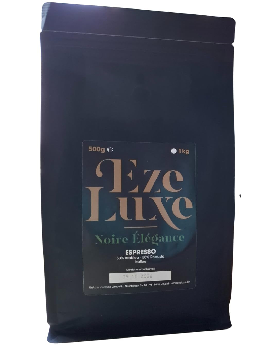 Café Espresso Noire Elégance 500g – 50% Arabica et 50% Robusta du Brésil et d'Inde – torréfaction moyenne, forte et crémeuse au chocolat noir – intensité 8 – incl. machine à expresso gratuite