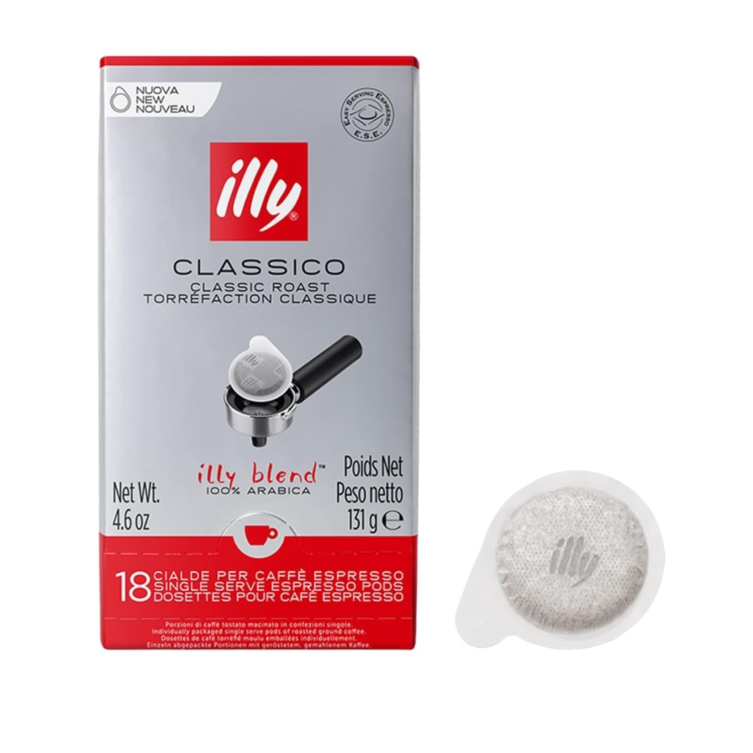 illy, Kaffee E.S.E. Pads Einzeldosis CLASSICO, 100% Arabica avec notes de fleurs d'oranger et de jasmin, sachets de sucre et de sucre, 1 paquet avec 18 capsules compostables