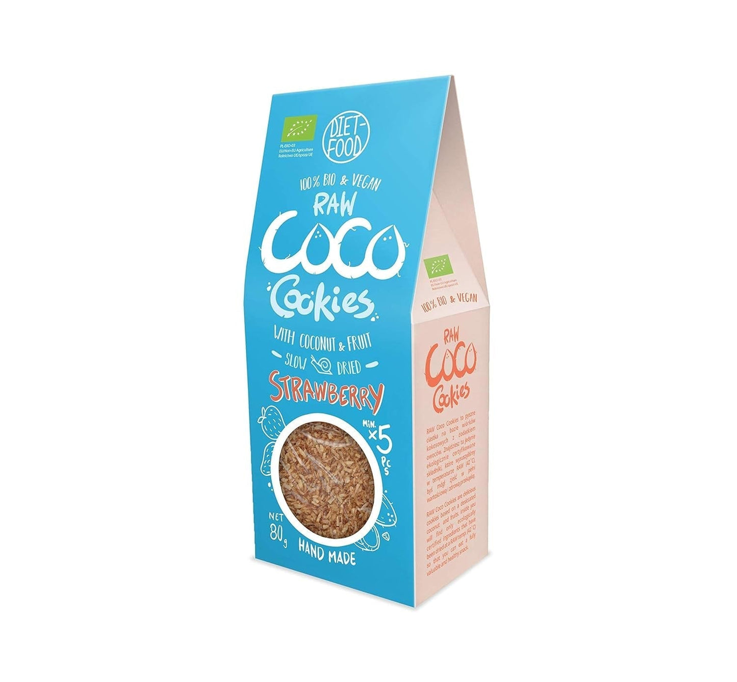 DIET-FOOD Biscuits Bio aux Chips de Noix de Coco et Fraises Snack santé Délicieux biscuits pour le bureau, sans conservateurs 80 g (1 paquet)