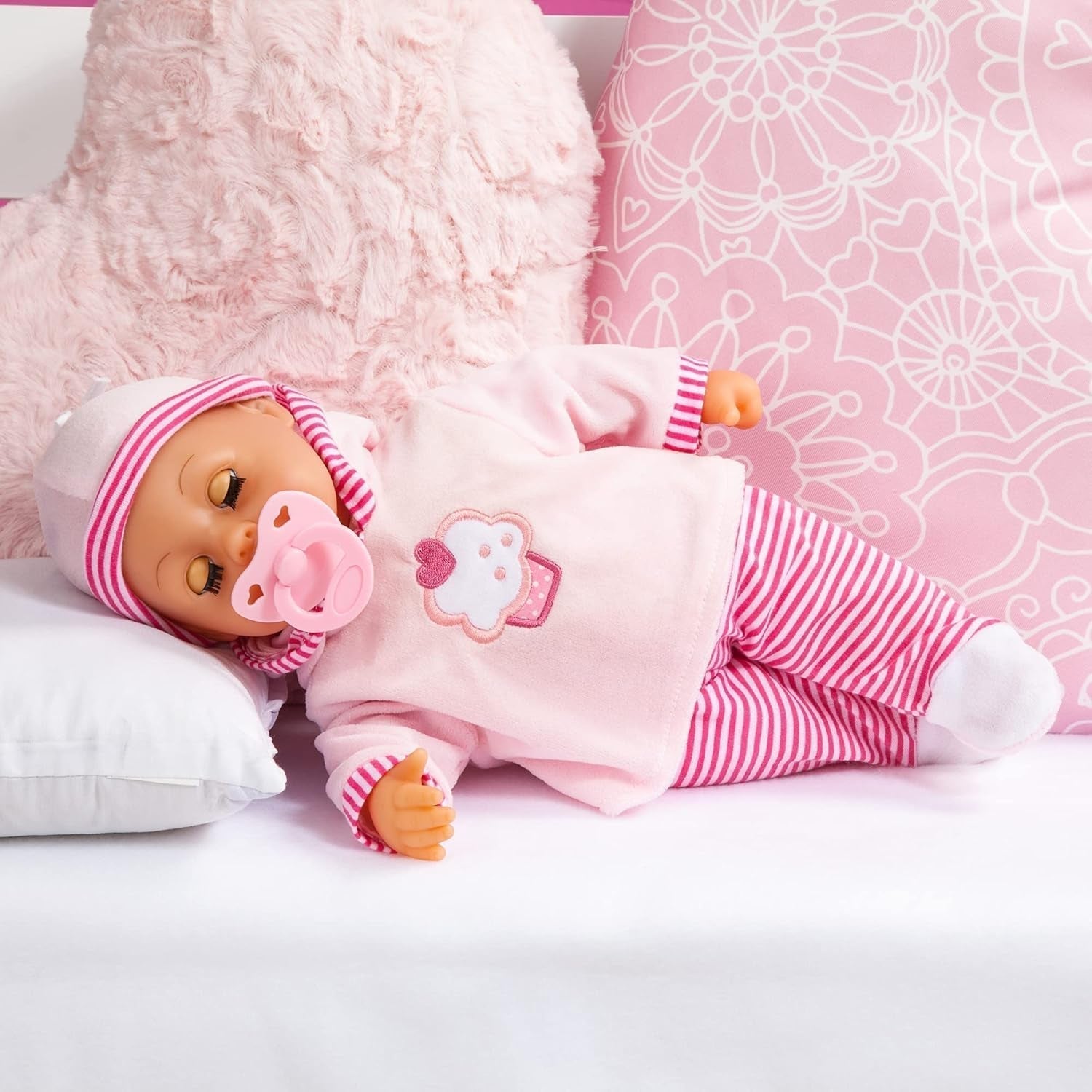 Poupée Premiers Mots aux yeux endormis, parle 24 sons de bébé, avec poupée et biberon, 38 cm, rose/rayures Naty Shop Dolls