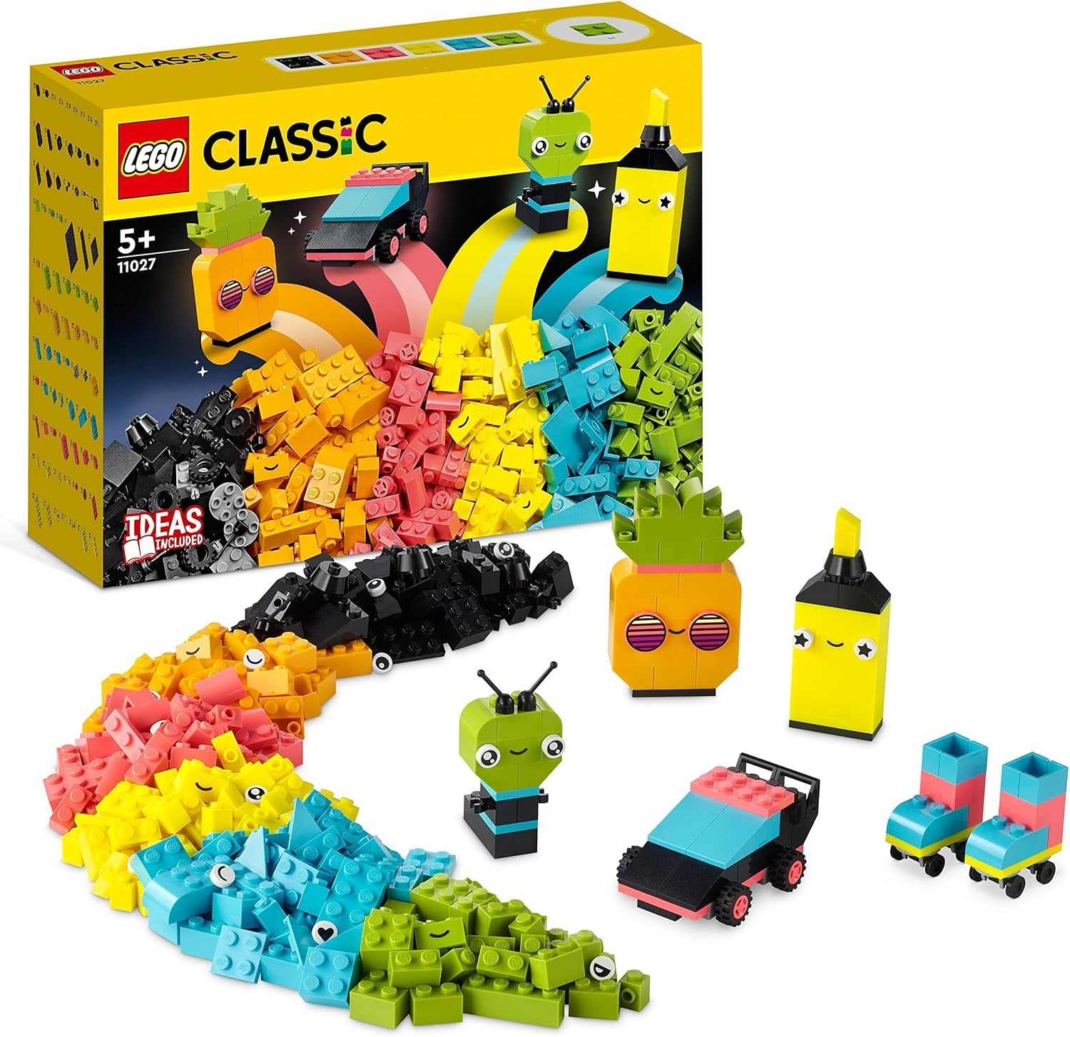 LEGO 11027 Classic Neon Creative Building Set, coffret de briques, jouet de construction avec modèles : voiture, ananas, extraterrestre, patins à roulettes, figurines et plus encore, pour les enfants à partir de 5 ans Jeux de construction Besuche den LEGO-Store Single