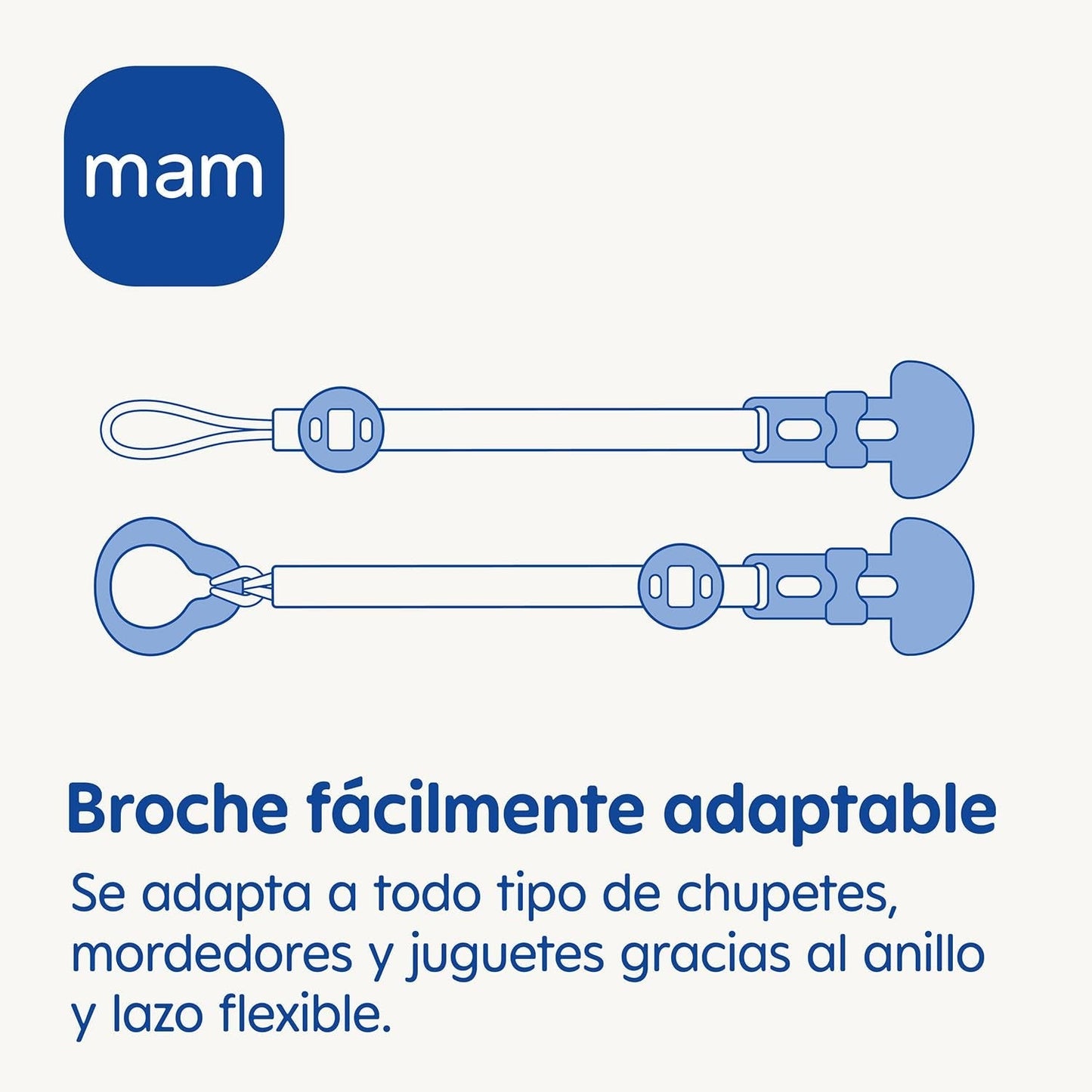 Sucette MAM, adaptée à tous types de tétines, anneaux de dentition et jouets, longueur réglable, avec cache-tétine, lavable, bleue, 1 pièce