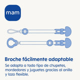Sucette MAM, adaptée à tous types de tétines, anneaux de dentition et jouets, longueur réglable, avec cache-tétine, lavable, bleue, 1 pièce