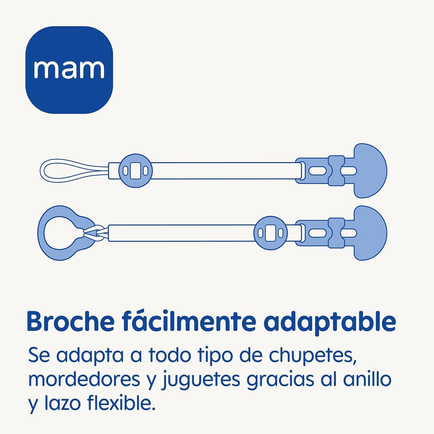 Sucette MAM, adaptée à tous types de tétines, anneaux de dentition et jouets, longueur réglable, avec cache-tétine, lavable, bleue, 1 pièce