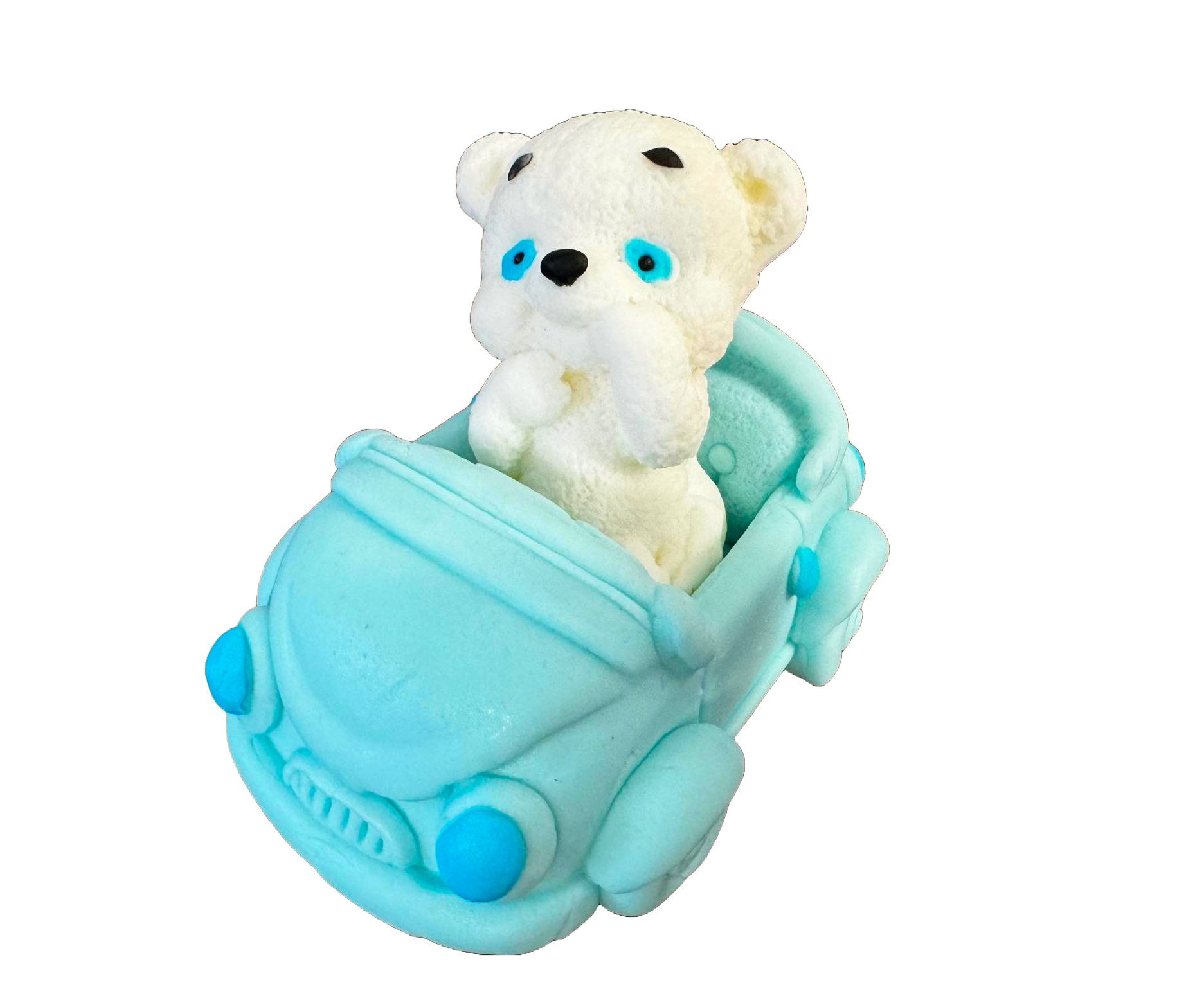 Décoration comestible en pâte à sucre, Ours blanc avec voiture bleue Décorations en pâte à sucre Naty Shop
