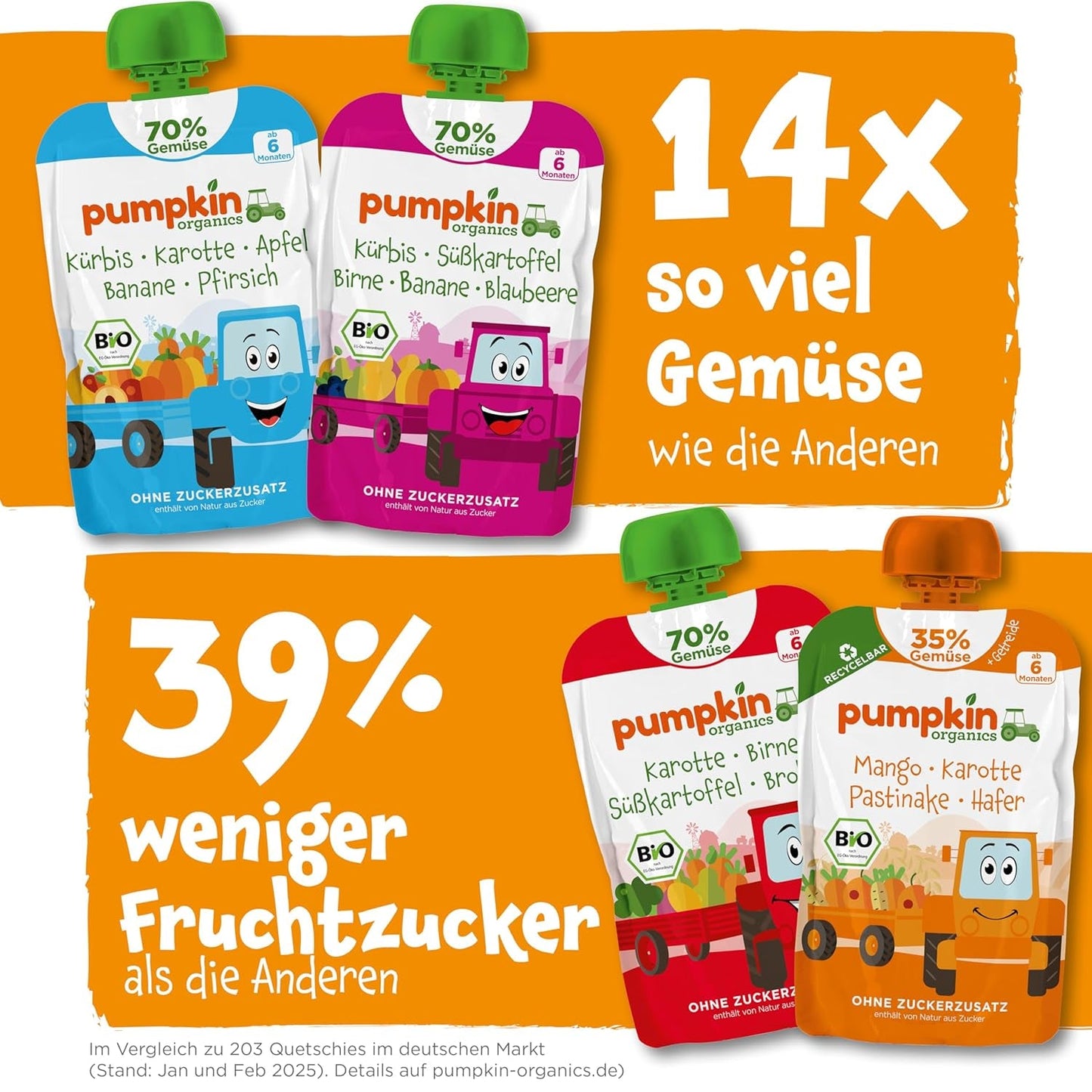 Pumpkin Organics Bio Gemüse-Getreide-Quetschie Kürbis, Birne, Apfel, Pflaume, Hafer ohne Zuckerzusatz¹ - à partir de 8 mois - comme Snack ou Beikost für unterwegs (100g)