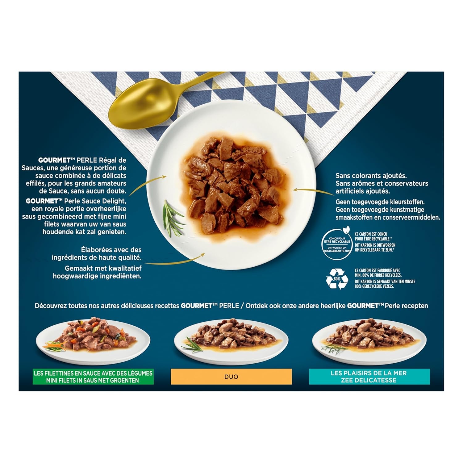 Perle | Porte-sauce | Chat adulte | Boeuf, Poulet, Thon, Saumon | 12x85g | Sachets fraîcheur (l'emballage peut varier)