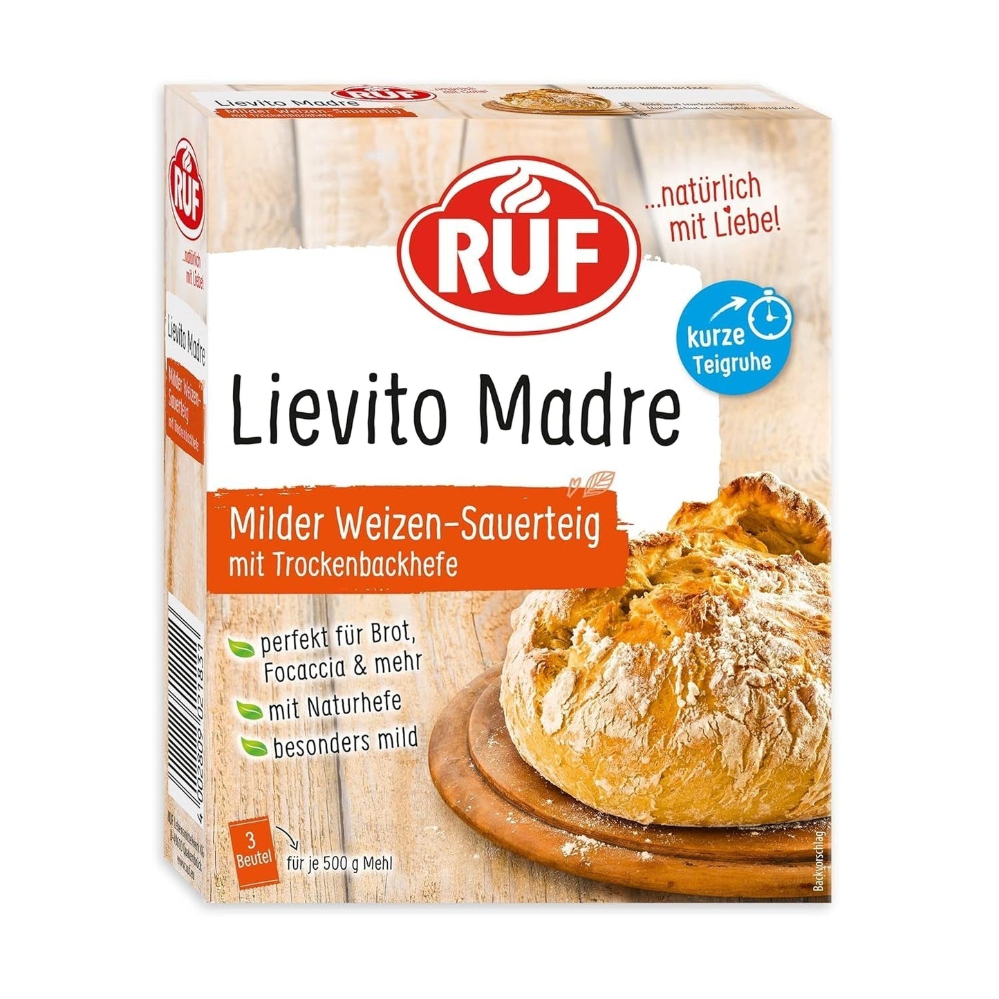 RUF Lievito Madre Sauerteig, Milder Weizen-Sauerteig, Mutterteig, Kurze Teigruhe Durch Enthaltene Trockenhefe, Lievito Madre Getrocknet Für Brot, Baguette, Focaccia, 3X35G Mélange pour la pâtisserie et la cuisson Naty Shop 35 G (3Er Pack) Kurze Teigruhe