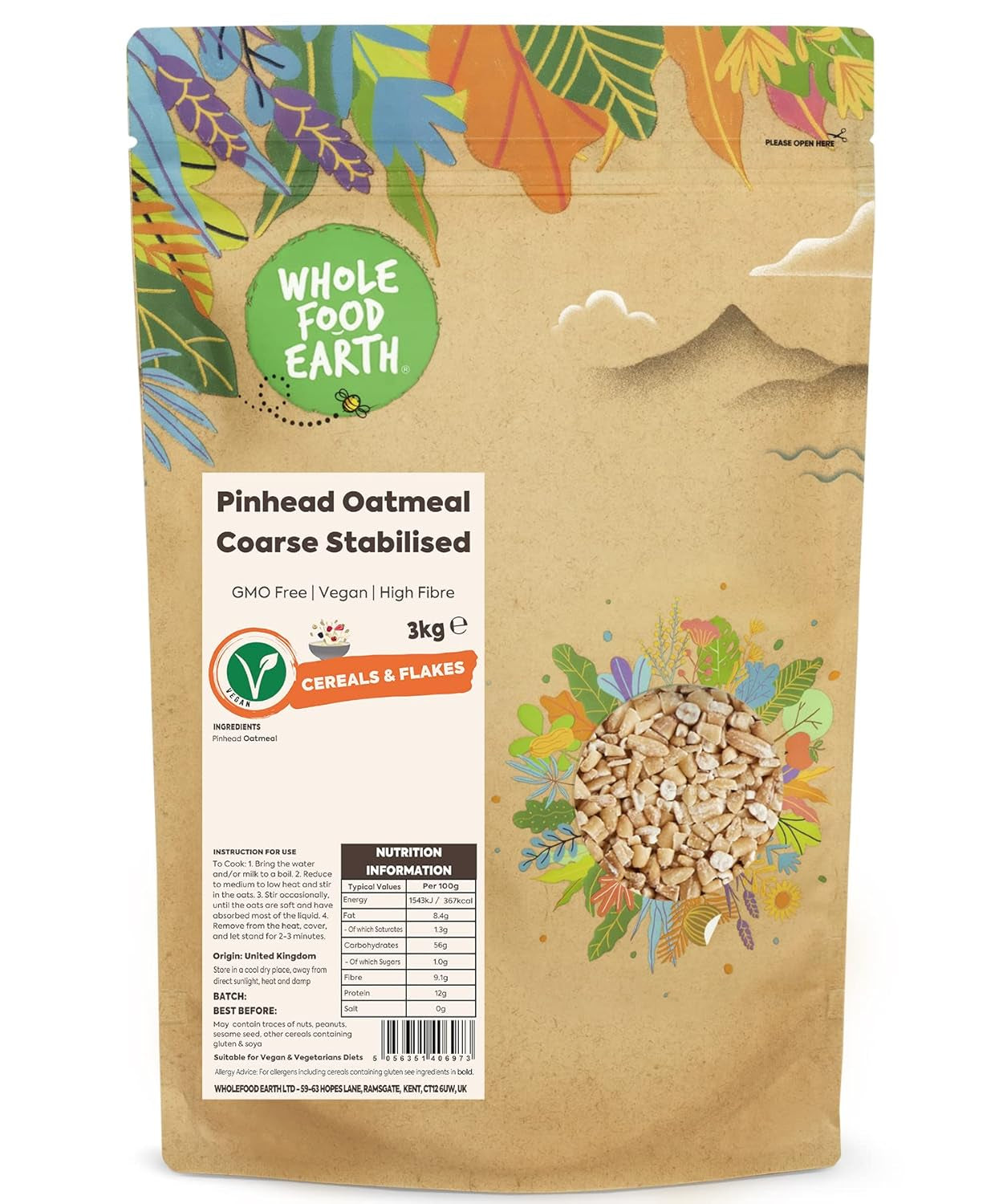 Wholefood Earth Pinhead Gruau grossier stabilisé 3 kg | Sans OGM | Riche en fibres